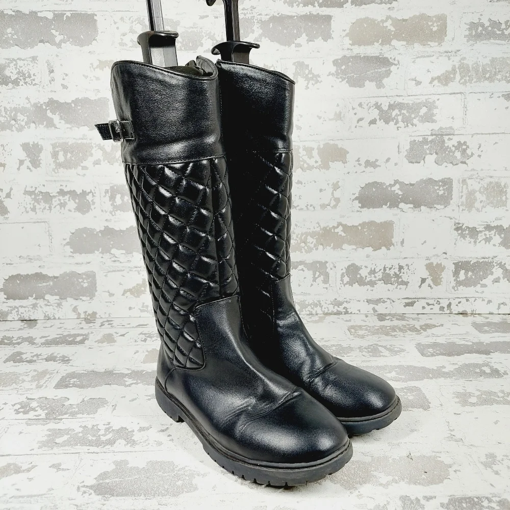 Nordstrom Aubrey Black Faux Leather Quilted Knee High Boots B622